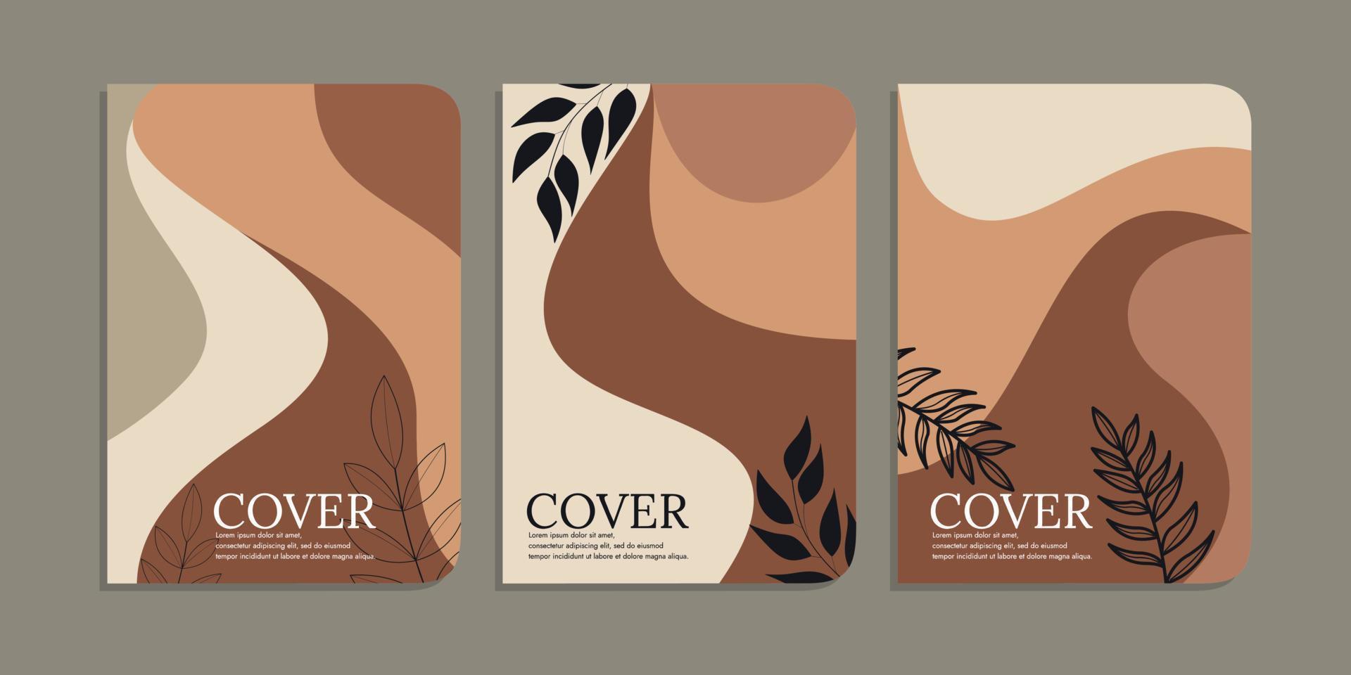 set of book cover template with hand drawn foliage decorations. abstract retro botanical background.size A4 For notebooks, diary, invitation, planners, brochures, books, catalogs vector