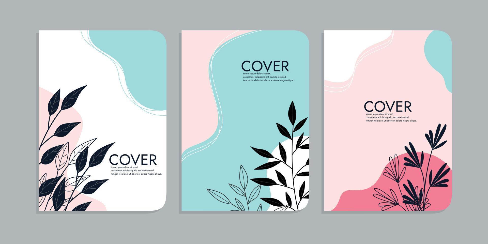 set of book cover templates with hand drawn floral decorations. beauty botanical abstract background. size A4 For notebooks, school books, diaries, planners, brochures, books, catalogs vector