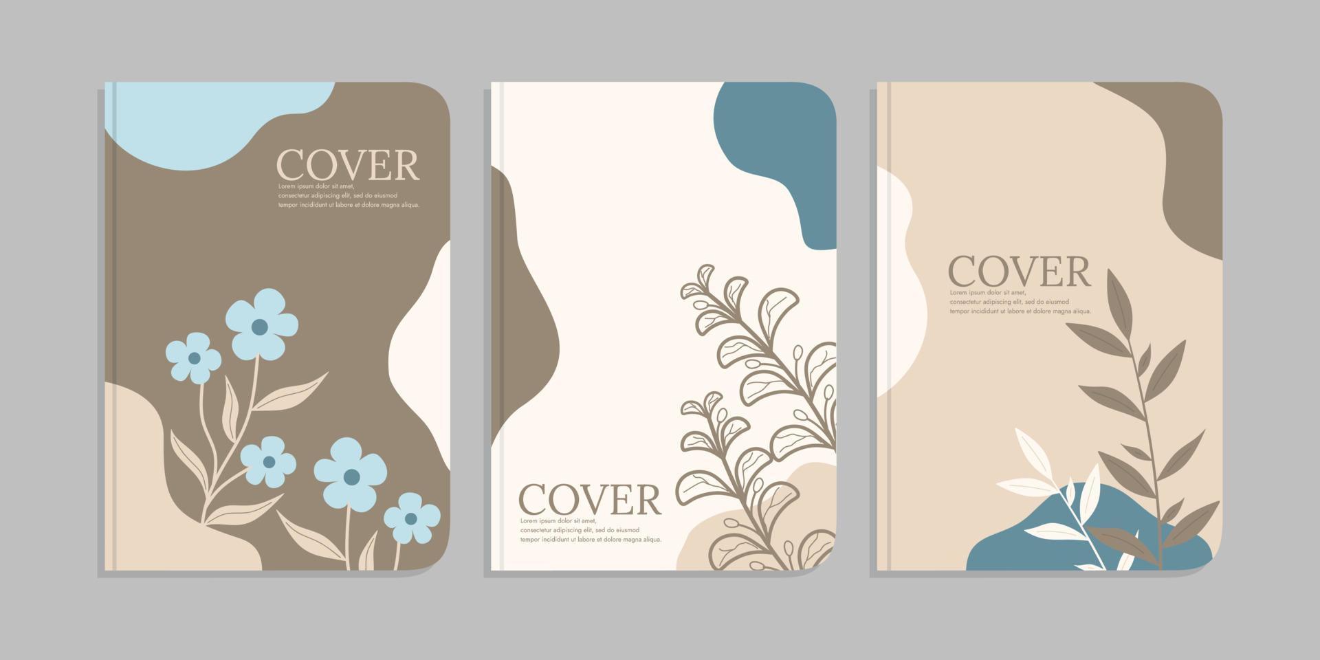 set of book cover template with hand drawn plant decorations. abstract retro botanical background.size A4 For notebooks, diary, invitation, planners, brochures, books, catalogs vector