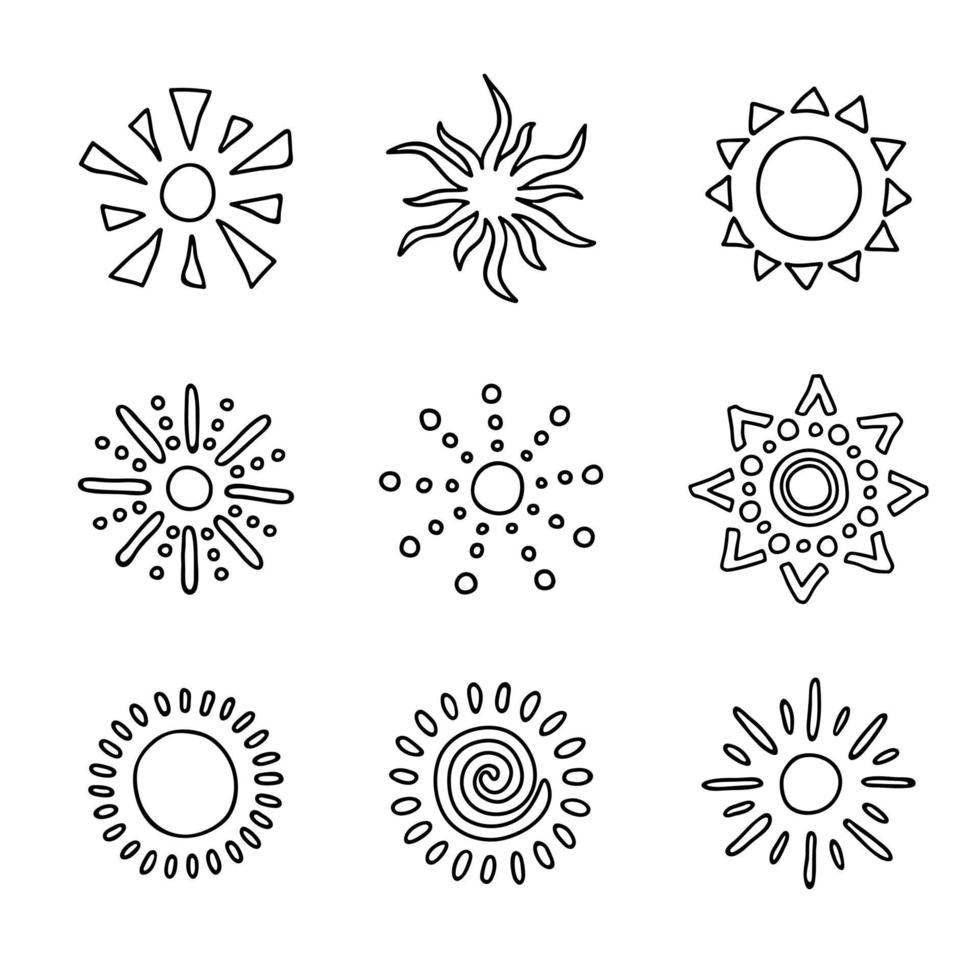 Hand drawn abstract sun symbol. Summer doodle set. Vector elements for design