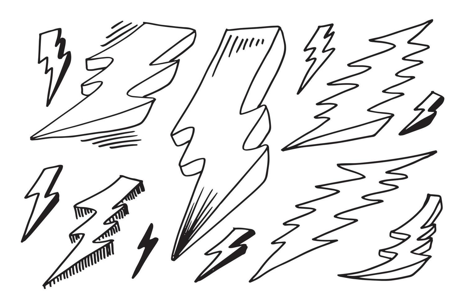 set of hand drawn vector doodle electric lightning bolt symbol sketch illustrations. thunder symbol doodle icon.