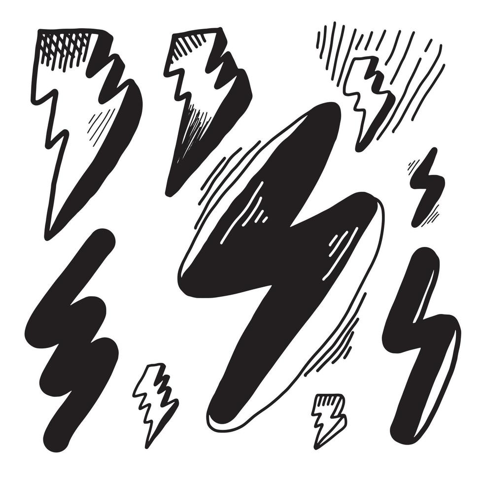 set of hand drawn vector doodle electric lightning bolt symbol sketch illustrations. thunder symbol doodle icon.