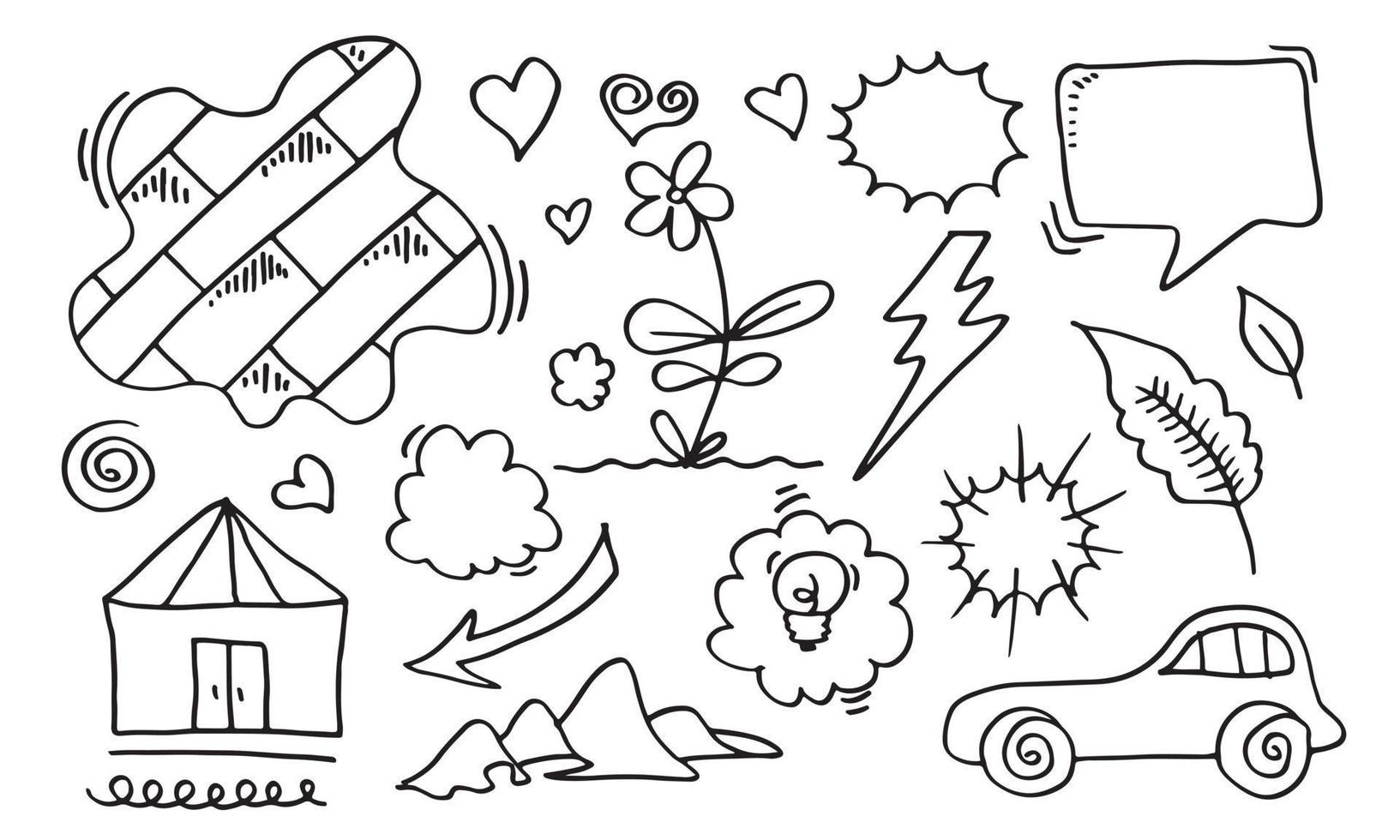 Hand drawn doodle design elements, black on white background. wall, car, emphasis, Arrow, hill. doodle sketch design elements vector