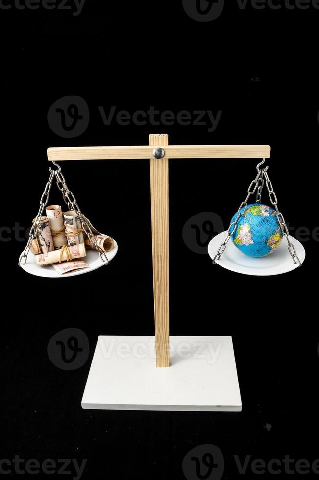 Scale with different objects on black background photo