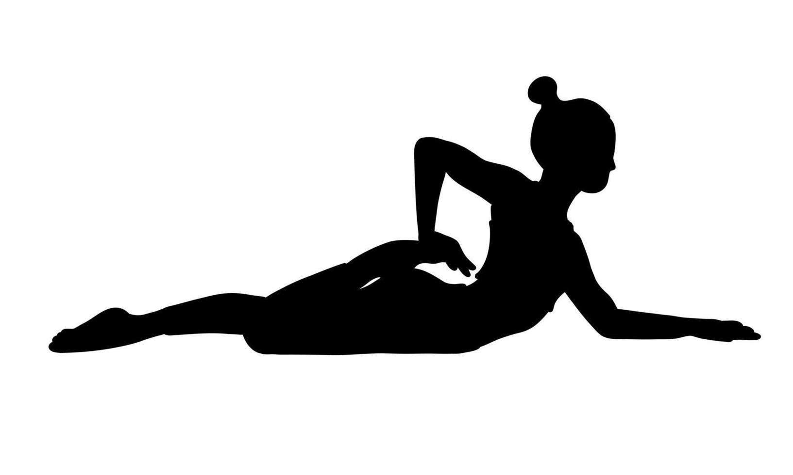 Training in yoga pose female character. Meditation, pilates, mental health. Black shadow style. Female, lady, woman, girl. Vector illustration in cartoon flat style isolated on white background.