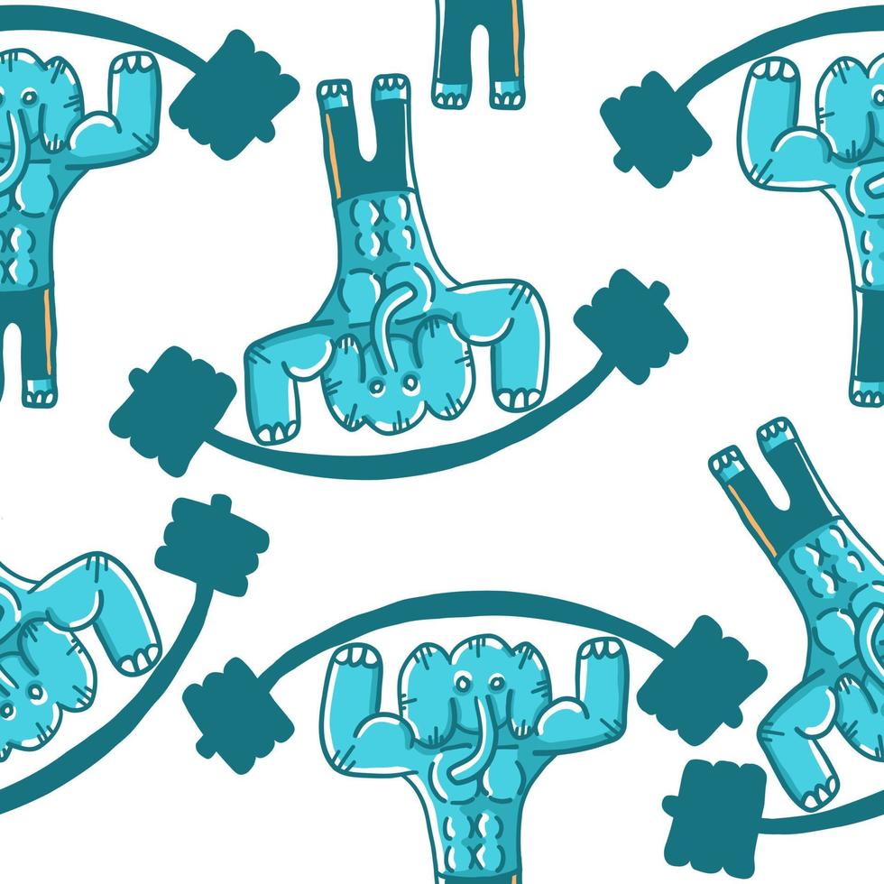 Training elephant with a barbell. Seamless pattern. Vector illustrations in cartoon flat isolated on white background.