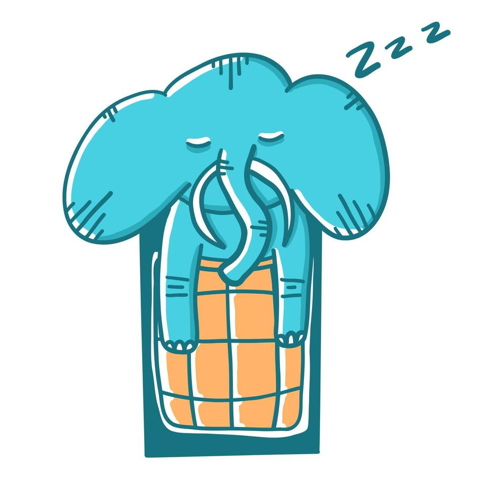 Happy New Year. Elephant sleeping in warm duvet. Vector illustrations in cartoon flat style isolated on white background.
