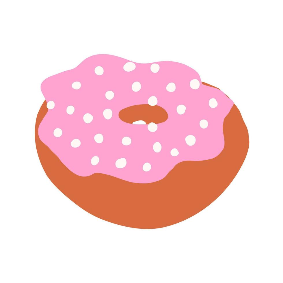 Donut ring in cartoon flat style. White balls sprinkles on a pink cream with toasted base. Sweet bakery. Colorful candy for party and shop. Doughnut. Vector illustration isolated on white background.