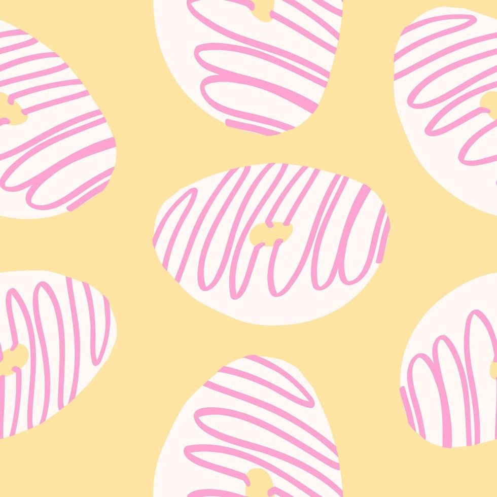 Seamless pattern of donut rings in cartoon flat style. White hearths sprinkles on a pink cream with chocolate base. Sweet bakery. Vector colorful illustration isolated on light background.