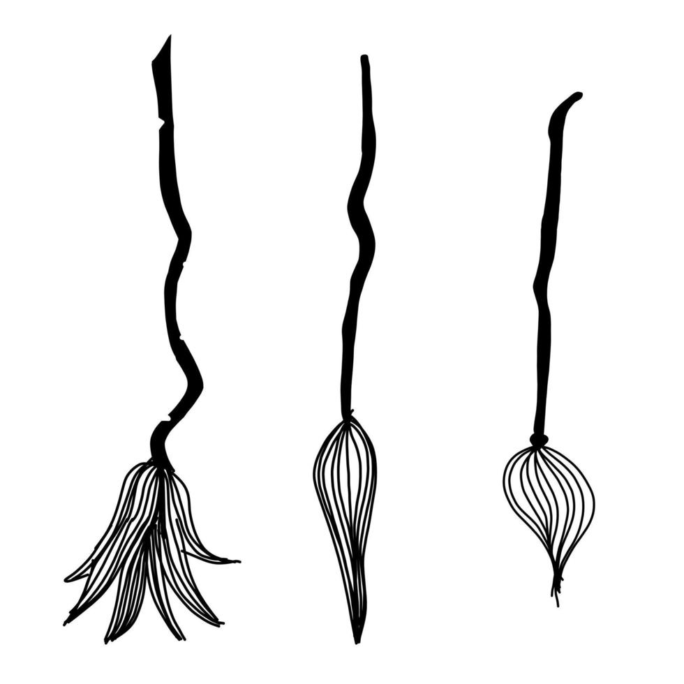 Cartoon witch brooms set. Halloween magic broom. Vector illustration in cartoon doodle style isolated on white background.