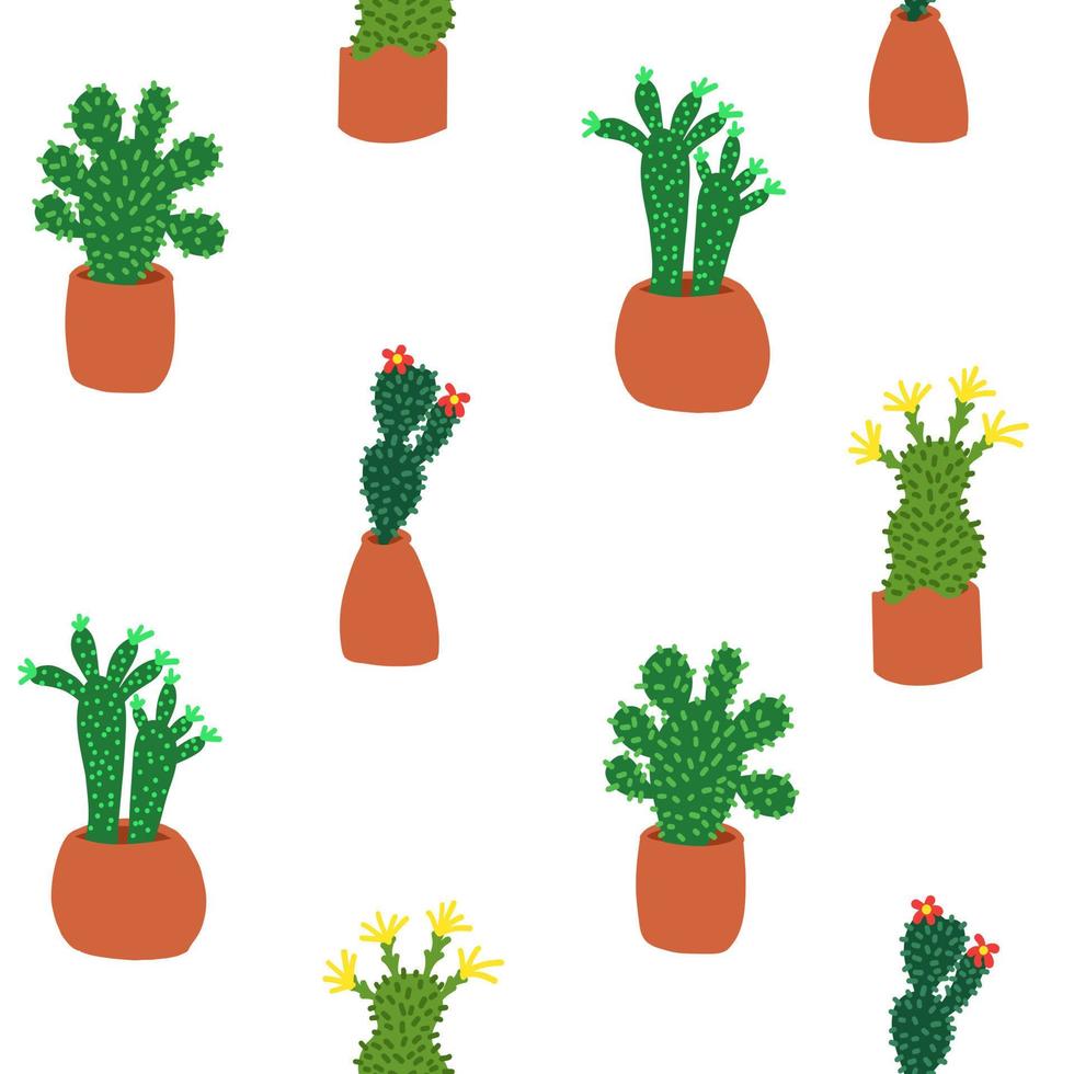 Exotic cacti hand drawn pattern. Colorful print is great for textiles. Botanical plants. Fabric wrapping wallpaper for gift. Vector illustration in cartoon flat style isolated on white background.