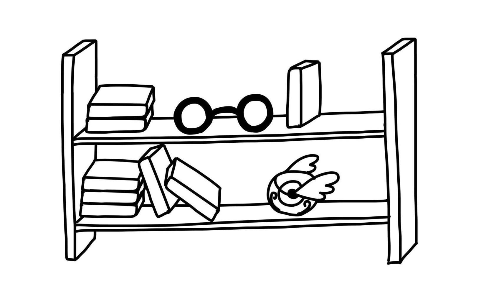 Shelves with magic books in outline doodle style. Vector illustration isolated on white background.