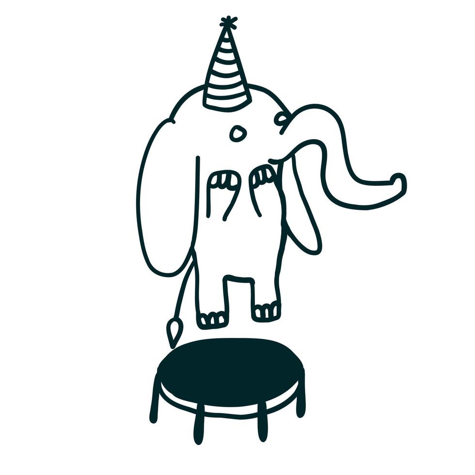 Happy elephant bouncing on trampoline. Vector illustration in outline doodle style isolated on white background.