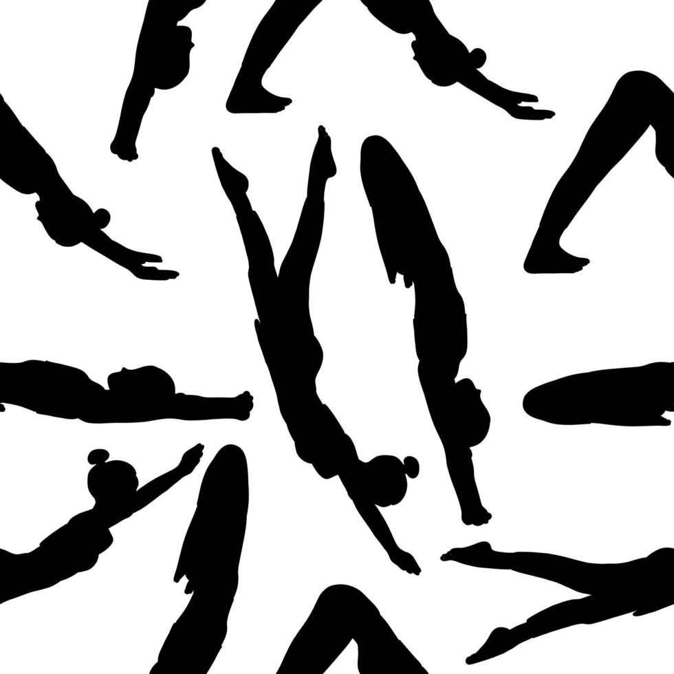 Yoga poses seamless pattern. Black shadow. Female, lady, woman, girl. Meditation, pilates, mental health, training, texture. Vector illustration in cartoon flat style isolated on white background.