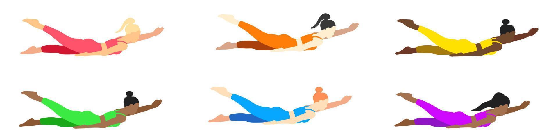 flexibilidad yoga poses recopilación. europeo, africano, asiático femenino, dama, mujer, muchacha. pilates, mental salud, capacitación, gimnasia. vector ilustración en dibujos animados plano estilo aislado en blanco antecedentes.