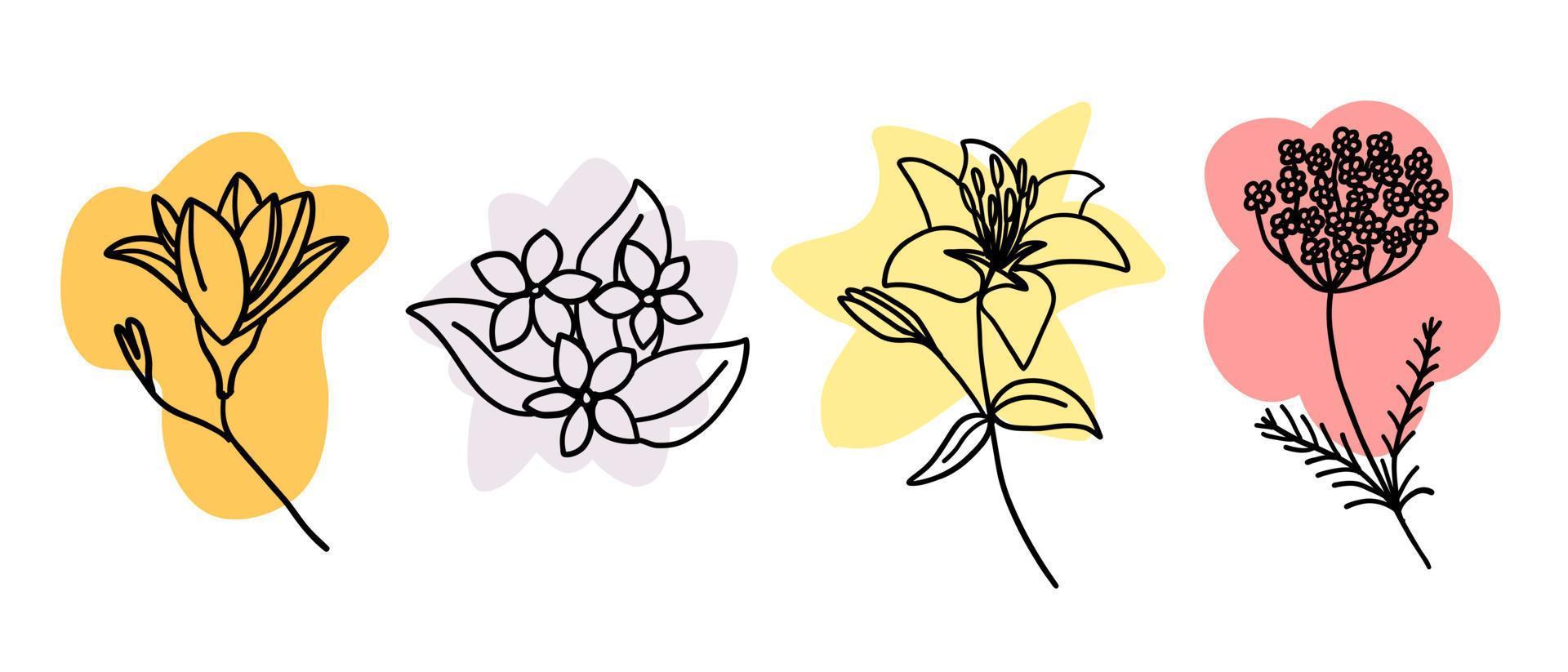 flor en contorno garabatear plano estilo con vistoso cepillar. sencillo floral elemento planta decorativo diseño. mano dibujado línea Arte. creativo bosquejo. vector ilustración aislado en blanco antecedentes.