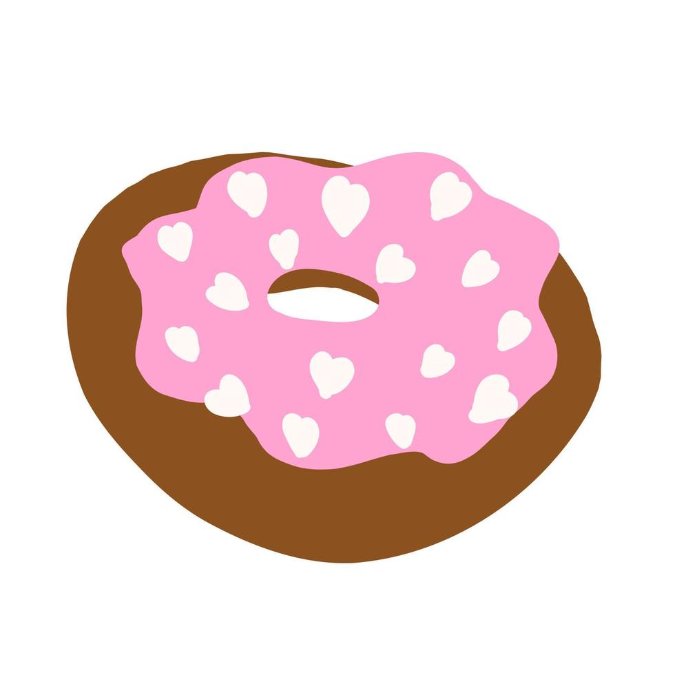 Donut ring in cartoon flat style. White hearths sprinkles on a pink cream with chocolate base. Sweet bakery. Colorful candy for party and shop. Vector illustration isolated on white background.