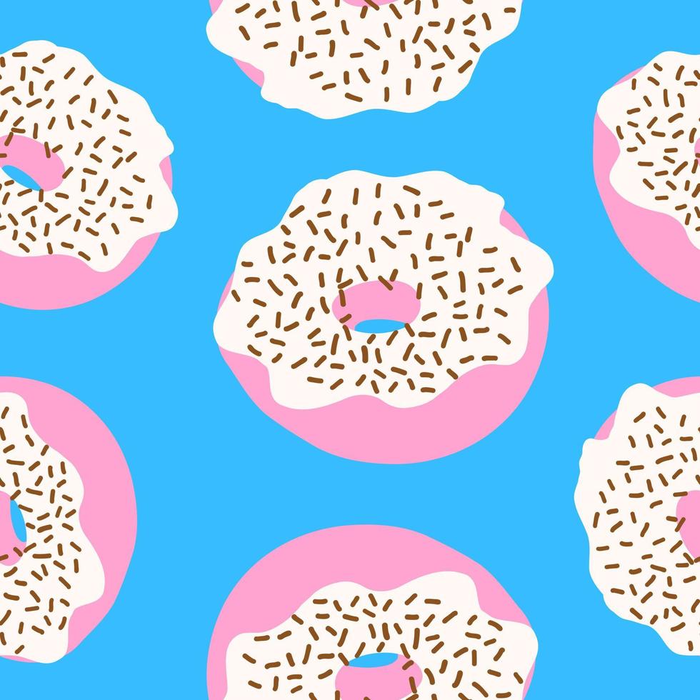 Seamless pattern of donut rings in cartoon flat style. chocolate sprinkles, white cream and pink glazed base in flat style. Sweet bakery. Vector colorful illustration isolated on blue background.