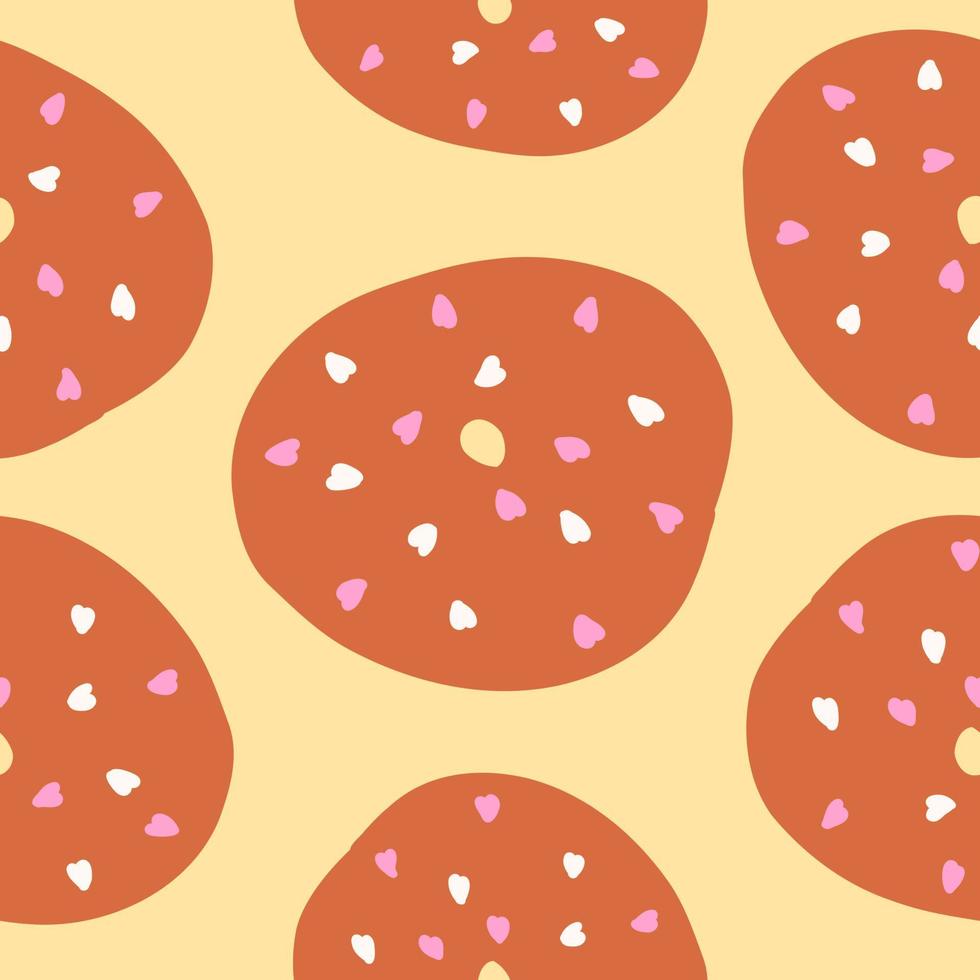 Seamless pattern of donut rings in cartoon flat style with white and pink hearths and toasted base. Sweet bakery, candy, breakfast, sugary. Vector colorful illustration isolated on light background.