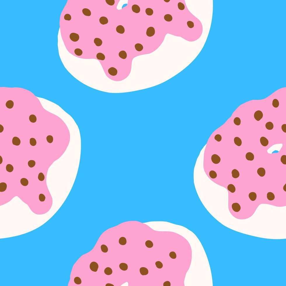 Seamless pattern of donut rings in cartoon flat style. Chocolate balls on a pink cream with white base. Sweet bakery. Vector colorful illustration isolated on blue background.