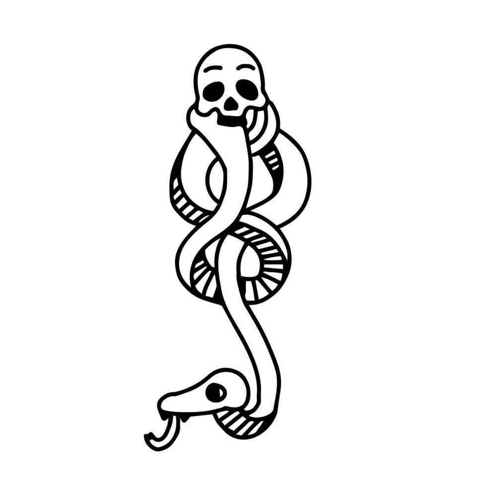 Dark Mark Skull with a Snake in cartoon outline doodle style. Vector illustration isolated on white background.