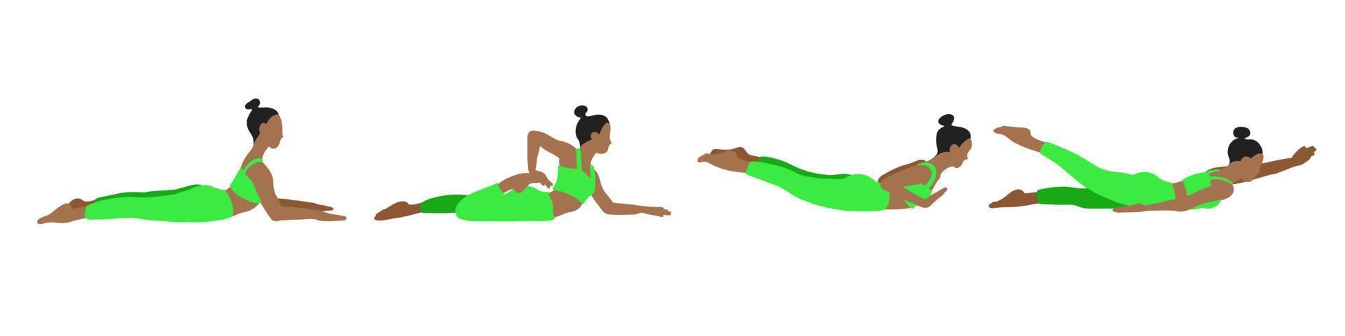 Flexibility yoga poses collection. African American female, lady, woman, girl. Meditation, pilates, mental health, training gym. Vector illustration in cartoon flat style isolated on white background.