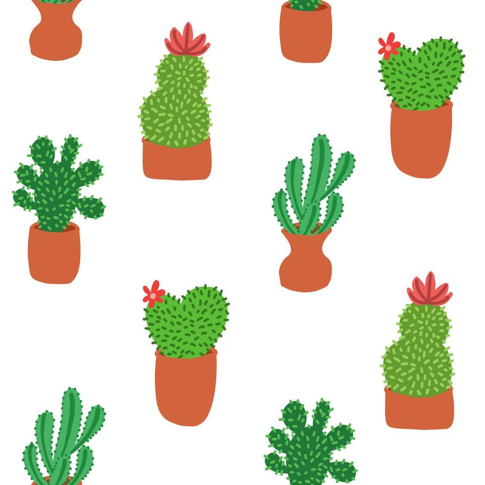 Exotic cacti hand drawn pattern. Colorful print is great for textiles. Botanical plants. Fabric wrapping wallpaper for gift. Vector illustration in cartoon flat style isolated on white background.