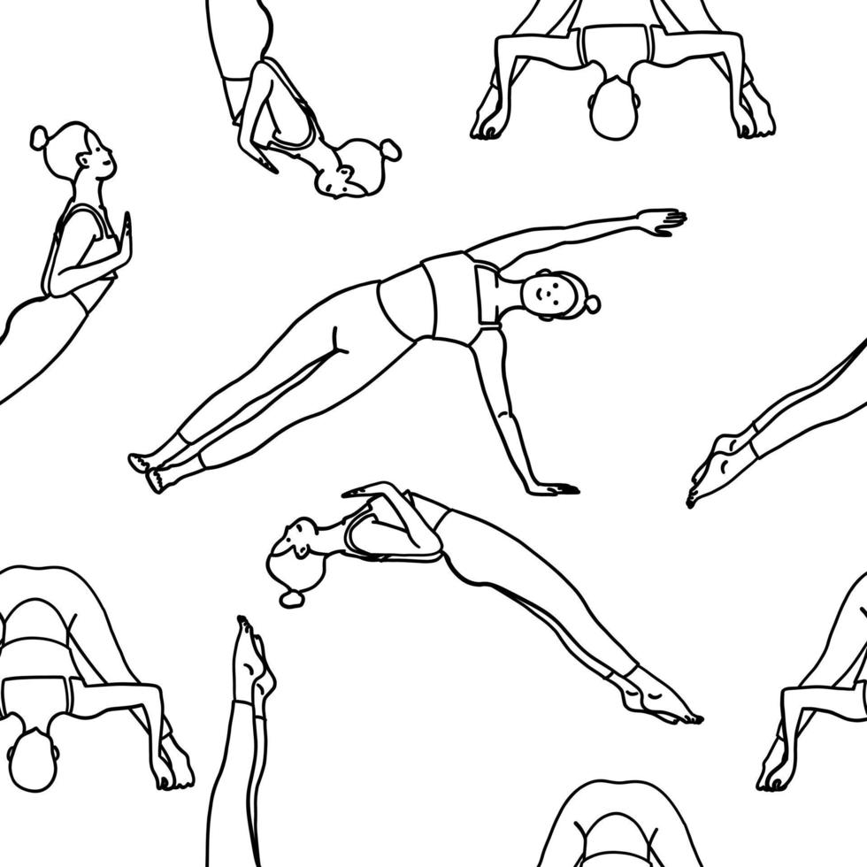 yoga poses sin costura modelo. femenino, dama, mujer, muchacha. meditación, pilates, mental salud, capacitación, textura. vector ilustración en contorno dibujos animados plano estilo aislado en blanco antecedentes.