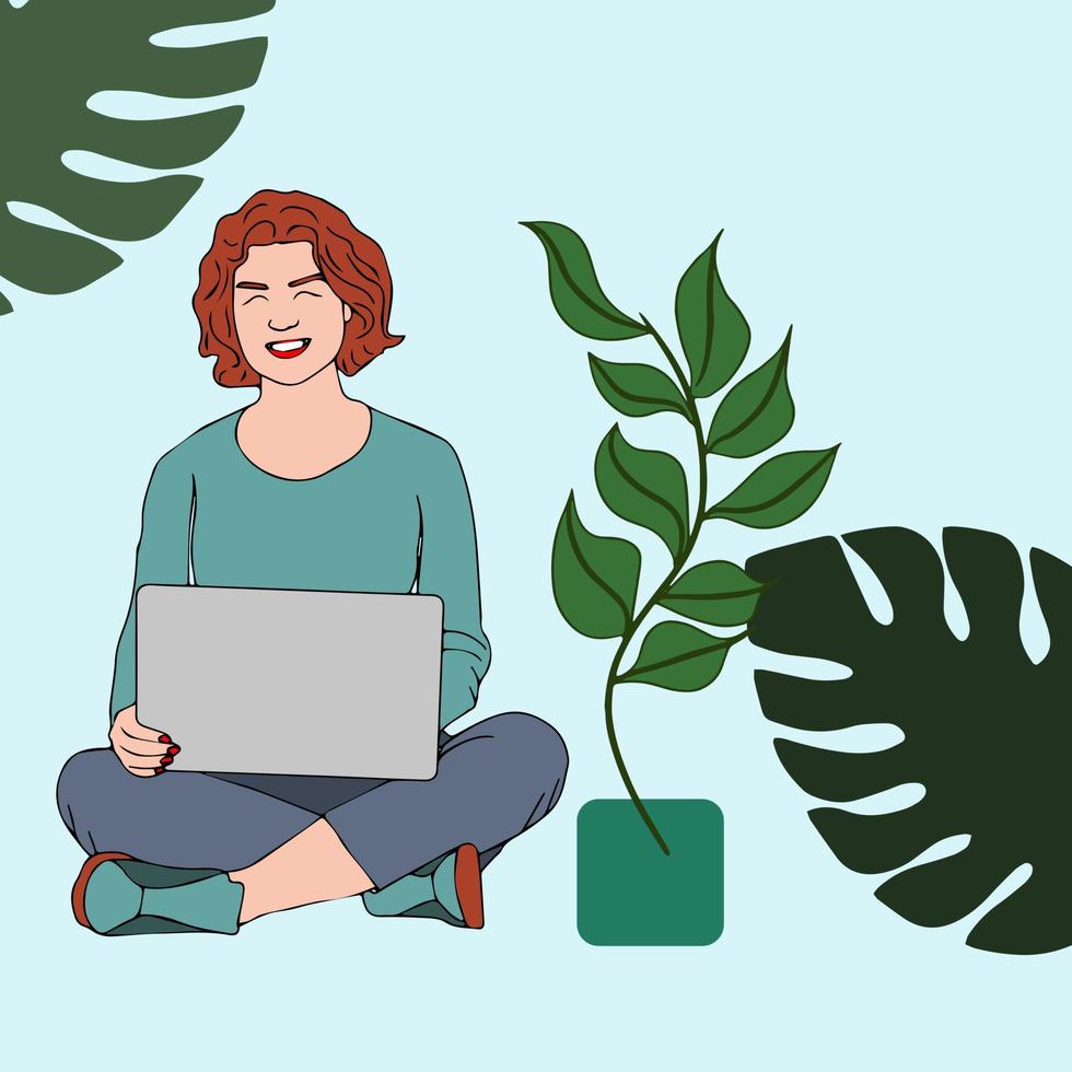Woman working with computer in the graden. Using laptop in nature. vector