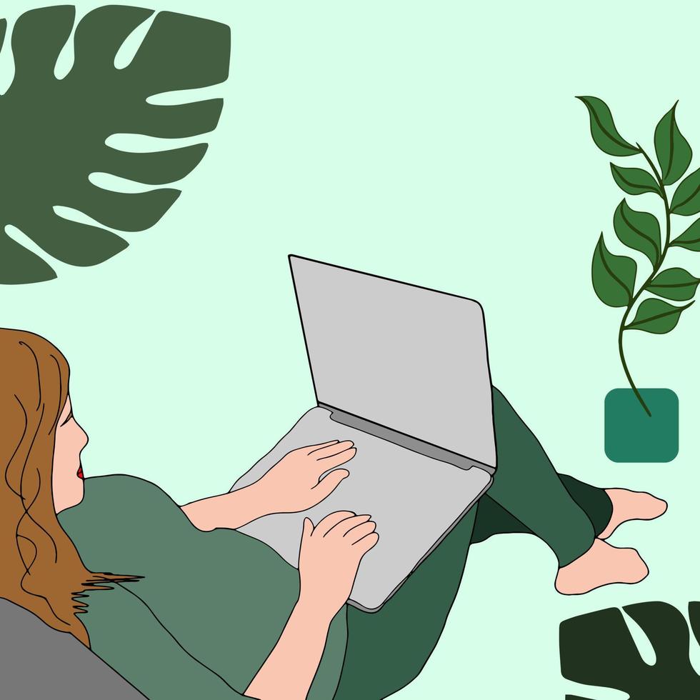 Business Woman or office worker working on computer , Back Rear View, Flat Vector Illustration