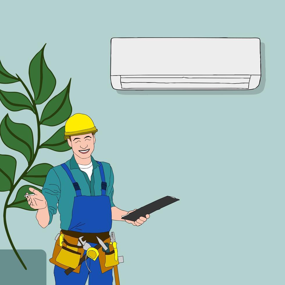Air Conditioner unit proper work, use, regular maintenance. Professional repair technician done his expert assistance, happy with good ac, working split system. Vector flat style cartoon illustration