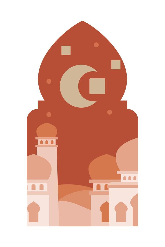 Islamic oriental style Islamic windows and arches with modern boho design, moon, mosque dome and lanterns vector