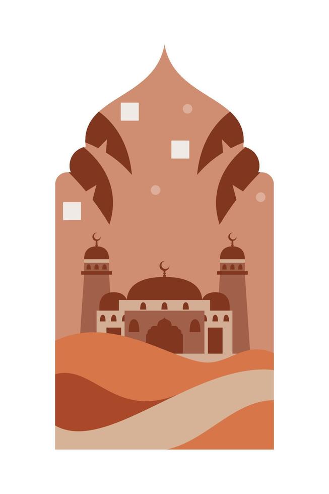 Islamic oriental style Islamic windows and arches with modern boho design, moon, mosque dome and lanterns vector