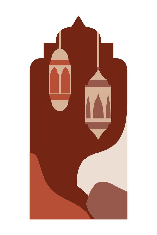 Islamic oriental style Islamic windows and arches with modern boho design, moon, mosque dome and lanterns vector