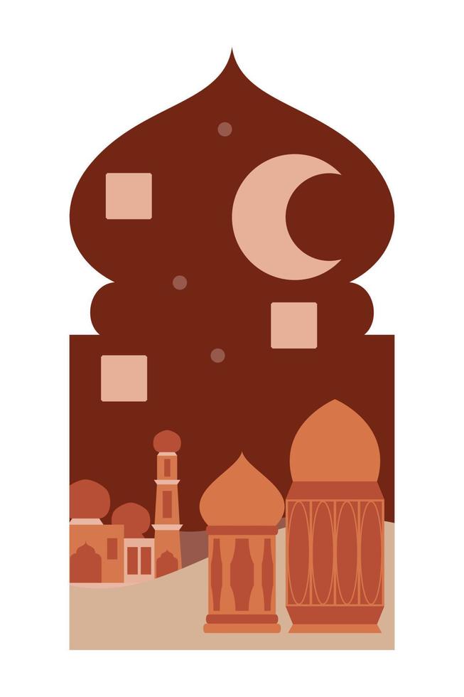 Islamic oriental style Islamic windows and arches with modern boho design, moon, mosque dome and lanterns vector