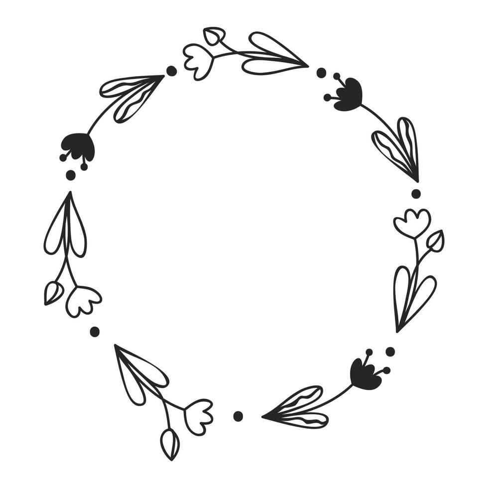 Hand drawn floral wreath. Botanical frames of wild flowers, herbs, branches for wedding decoration, design projects. Vector illustration.