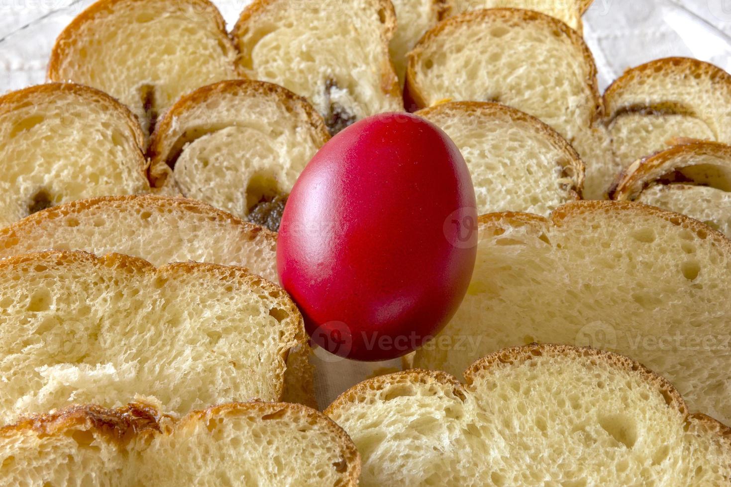 Easter traditional bread and red chicken egg in a plate on the table photo