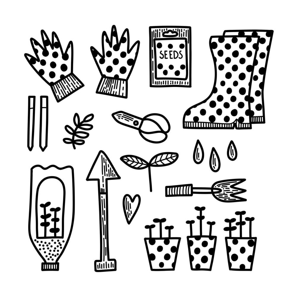 Spring summer gardening collection in doodle vector