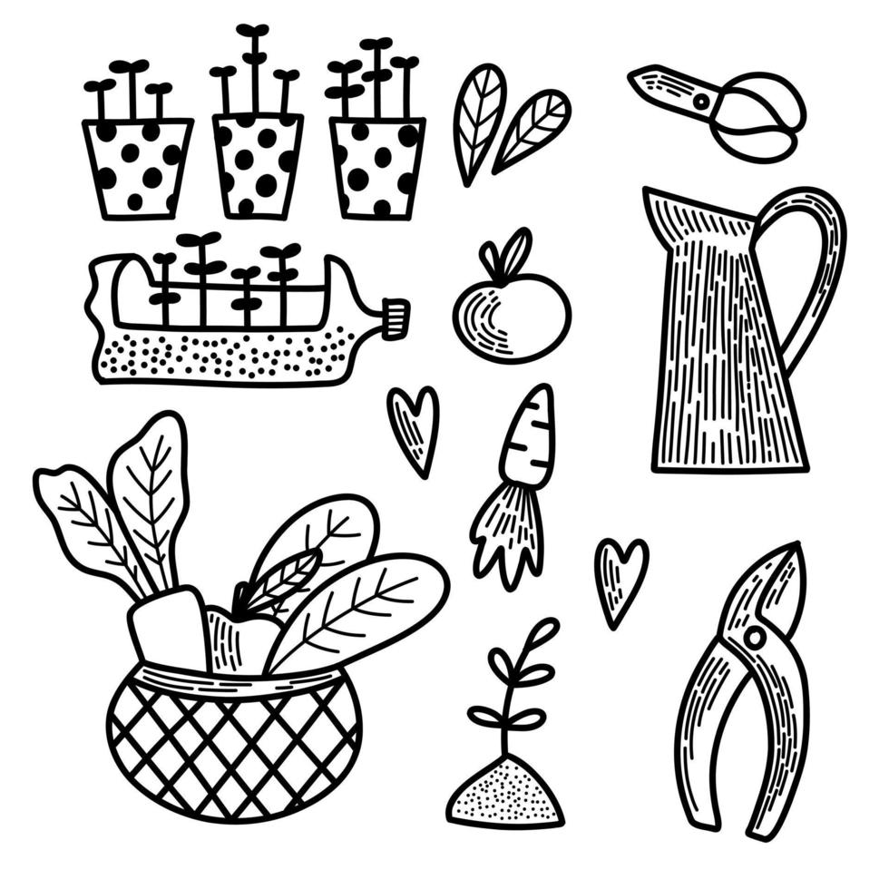 Spring summer gardening collection in doodle vector