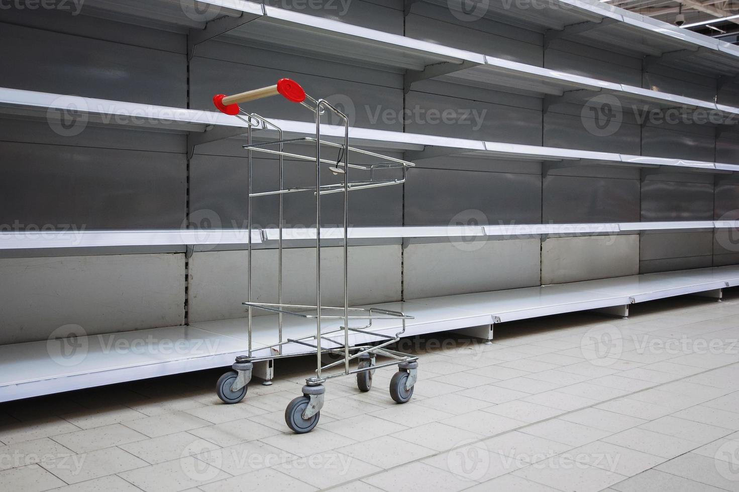 Empty shelves in supermarket, copy space photo