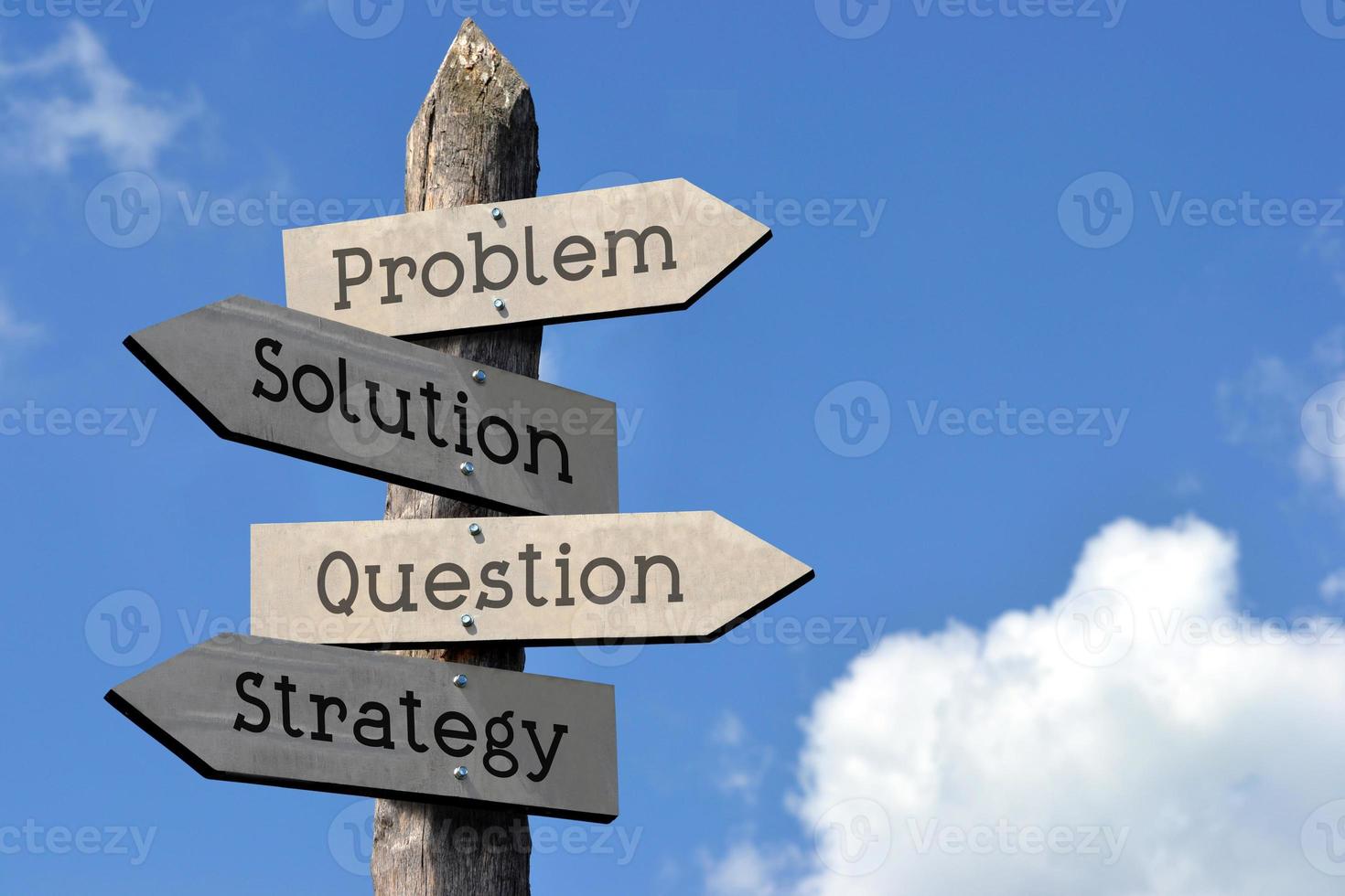 Problem, Solution, Question, Strategy - Wooden Signpost with Four Arrows, Sky with Clouds photo