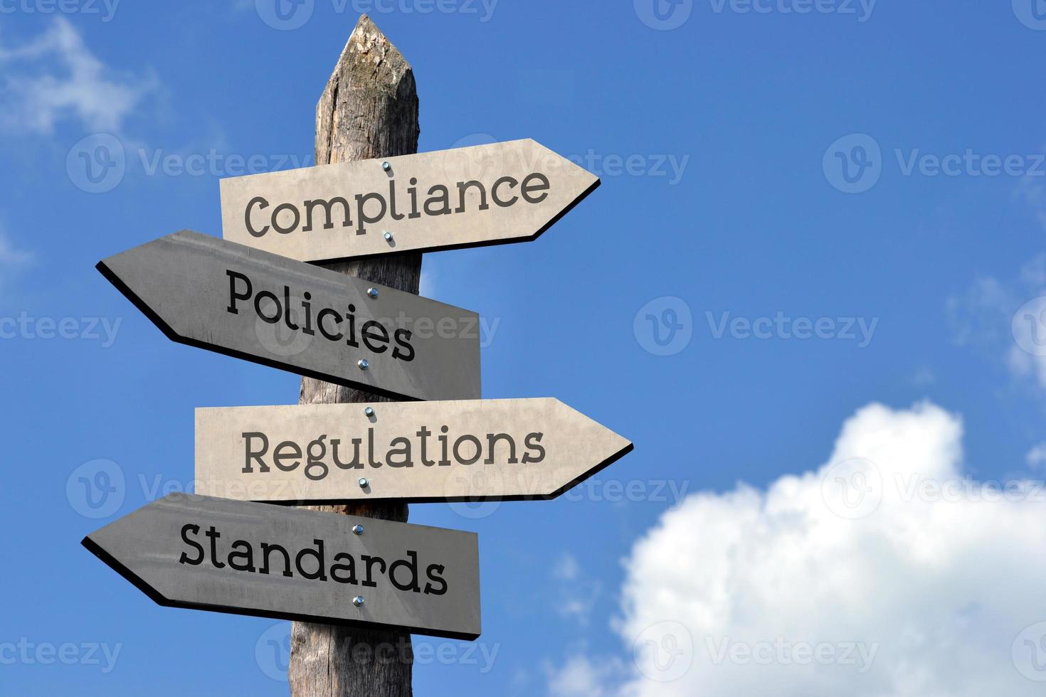 Compliance, Regulations, Policies, Standards - Wooden Signpost with Four Arrows, Sky with Clouds photo