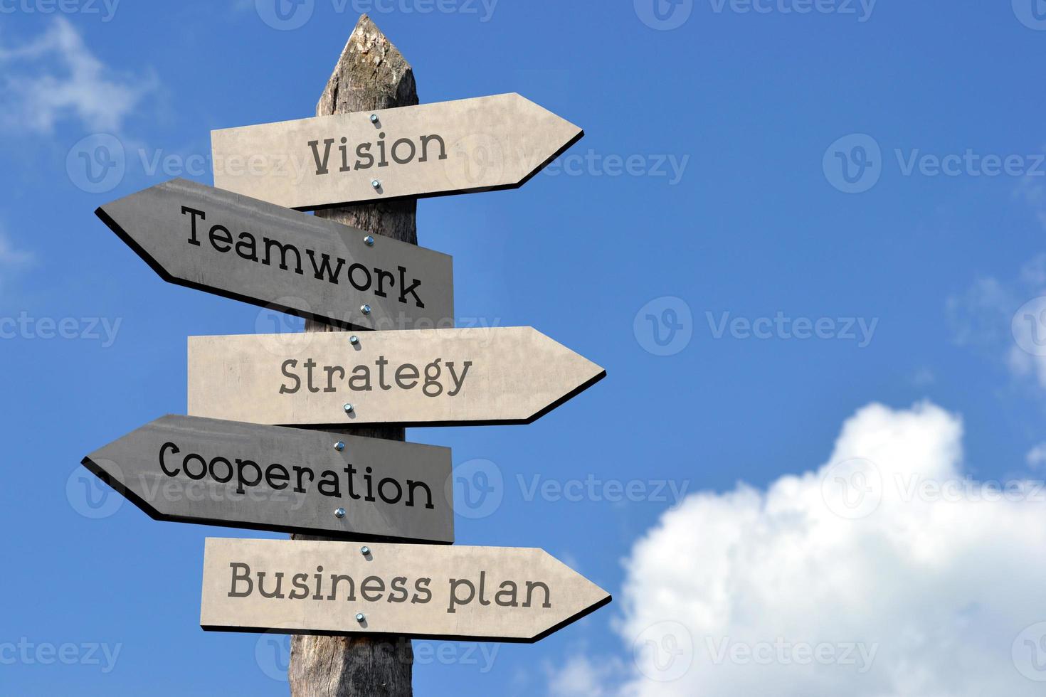 Vision, Teamwork, Strategy, Cooperation, Business Plan - Wooden Signpost with Five Arrows, Sky with Clouds photo