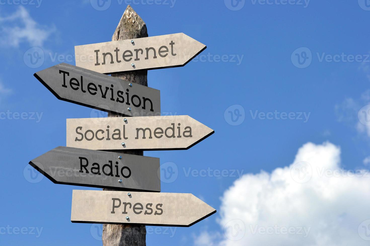 Internet, Television, Social Media, Radio, Press - Wooden Signpost with Five Arrows, Sky with Clouds photo