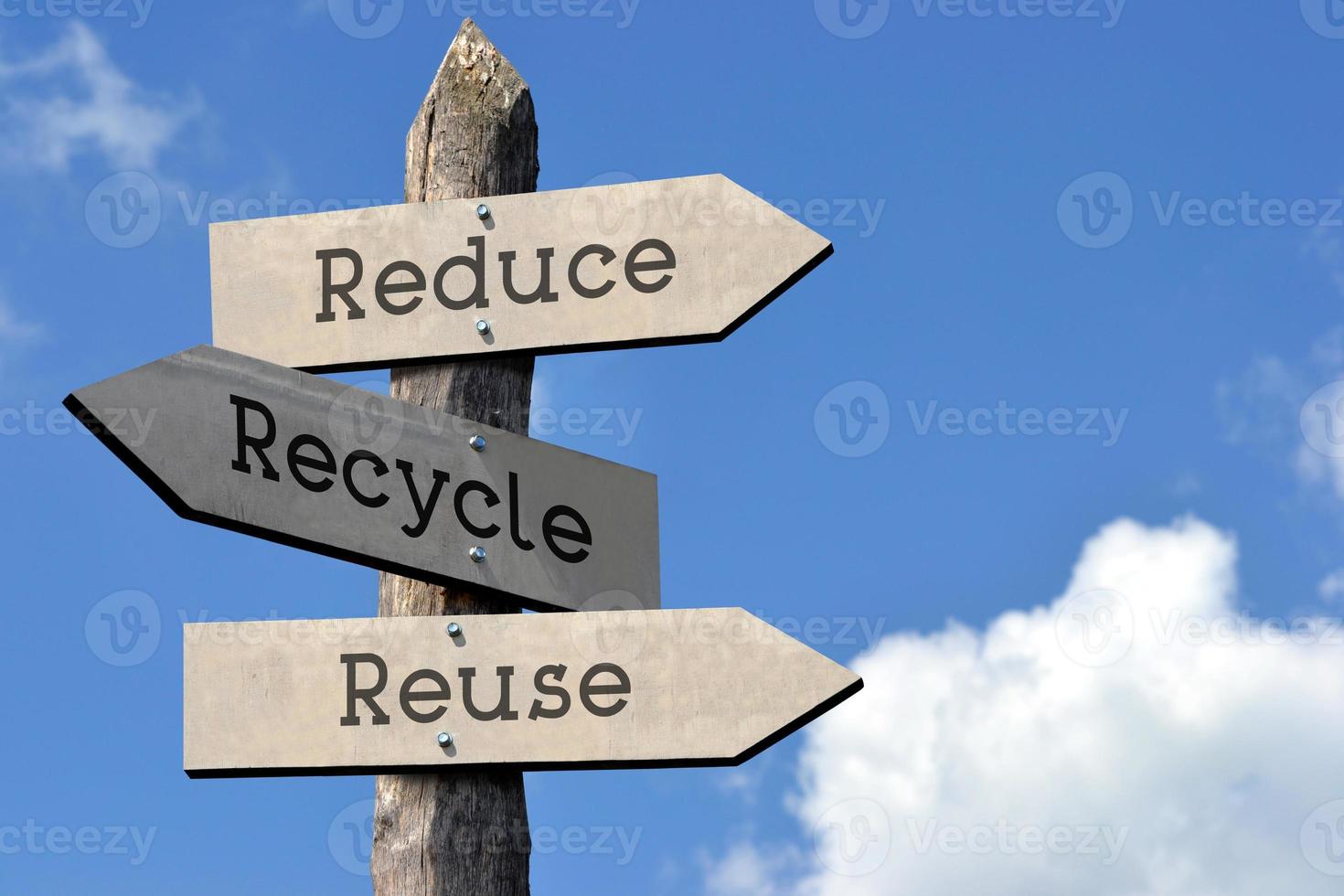 Reduce, Recycle, Reuse - Wooden Signpost with Three Arrows, Sky with Clouds photo