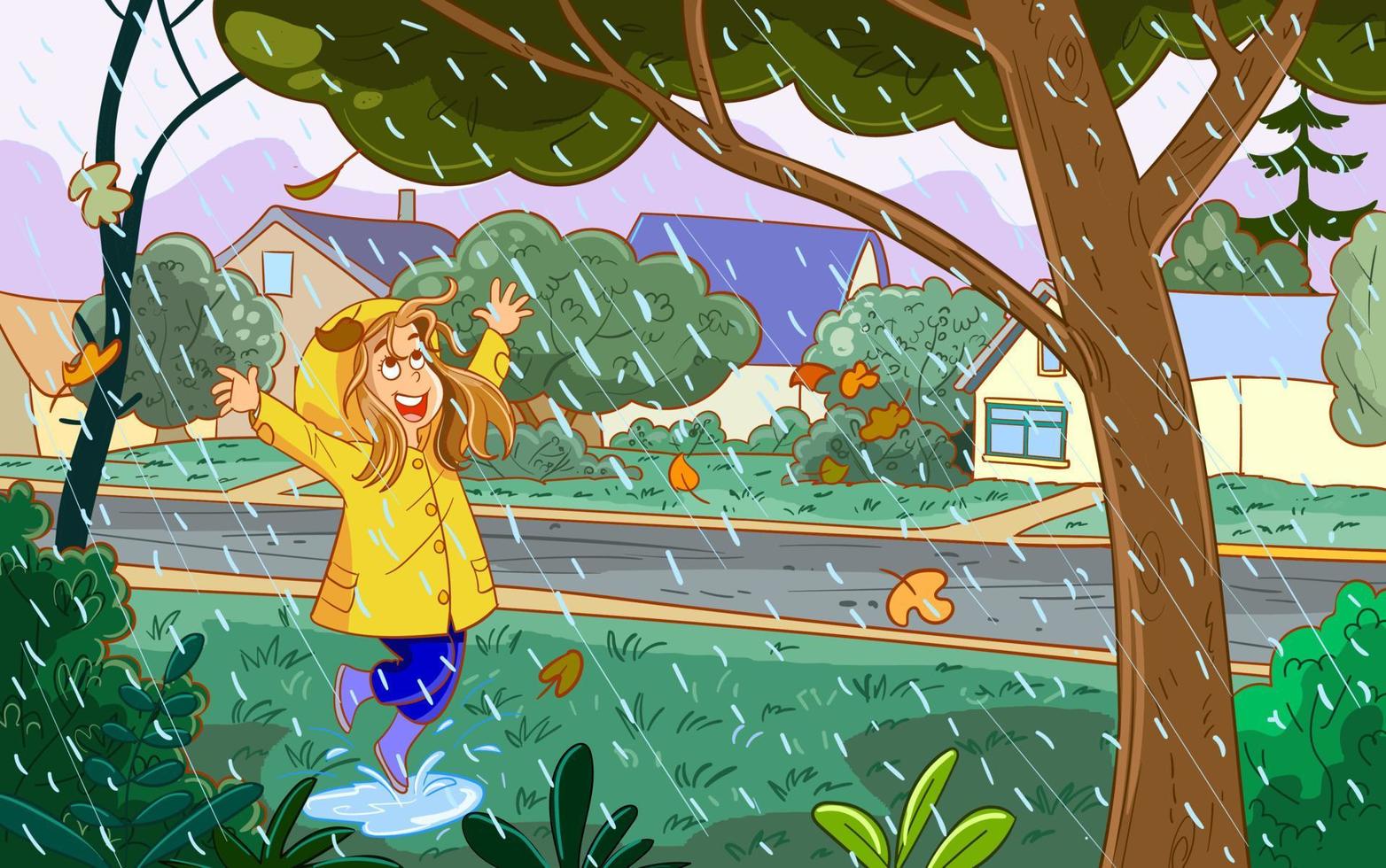 alegre niña en amarillo impermeable bailando en el lluvia vector