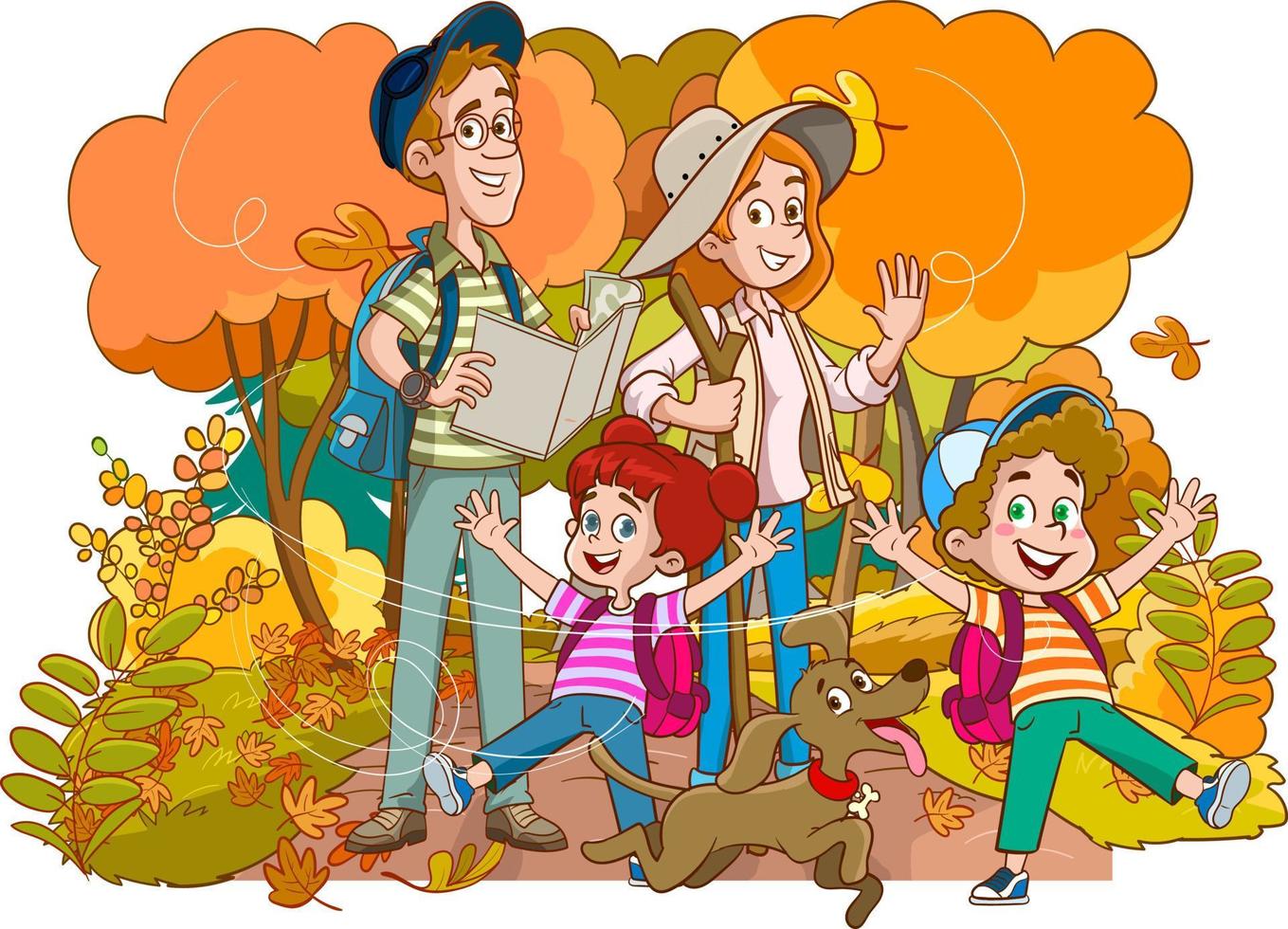 Vector illustration of family of four and dog walking in autumn