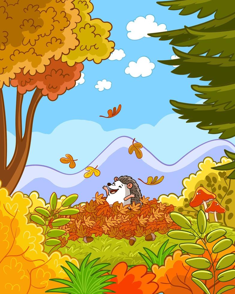 Hola otoño.lindo erizo jugando con seco hojas.vector ilustración vector