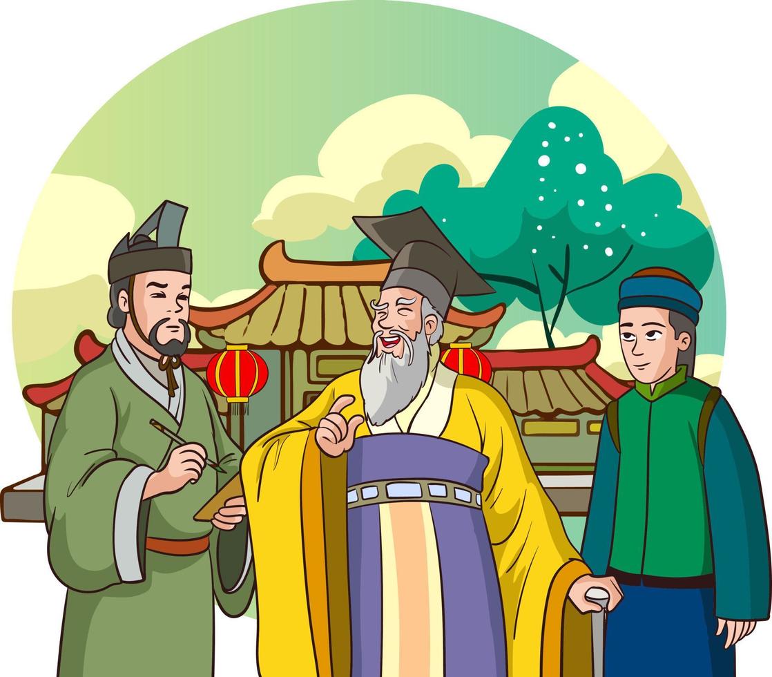 Japanese, Chinese, Mongolian Khan. Eastern warrior sitting in lotus position on the ground. Oriental man in helmet and with bow and sword. Cartoon cute character. Isolated vector