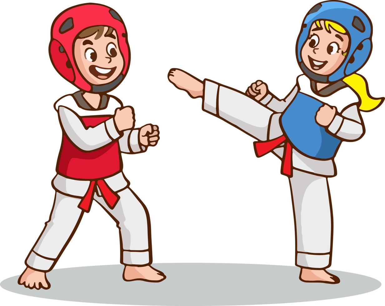 Cartoon kids training martial arts in kimono uniform. Karate or taekwondo character illustration. vector